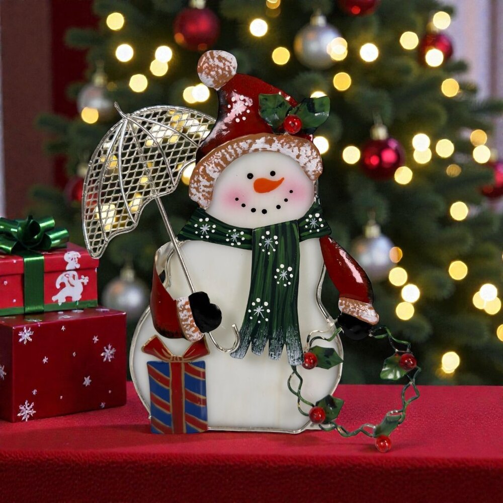 VTG Snowman Christmas Holiday Stained Glass Candle Holder Figurine Home Decor